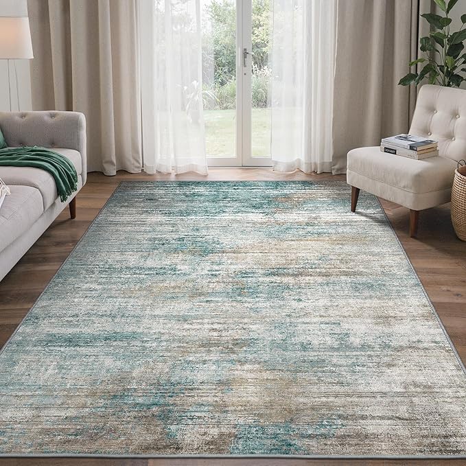Area Rugs 5x7 for Living Room Bedroom, Modern Abstract Machine Washable Rug, Large Soft Low Pile Floor Carpet with Non Slip Backing for Dining Room, Teal/Grey