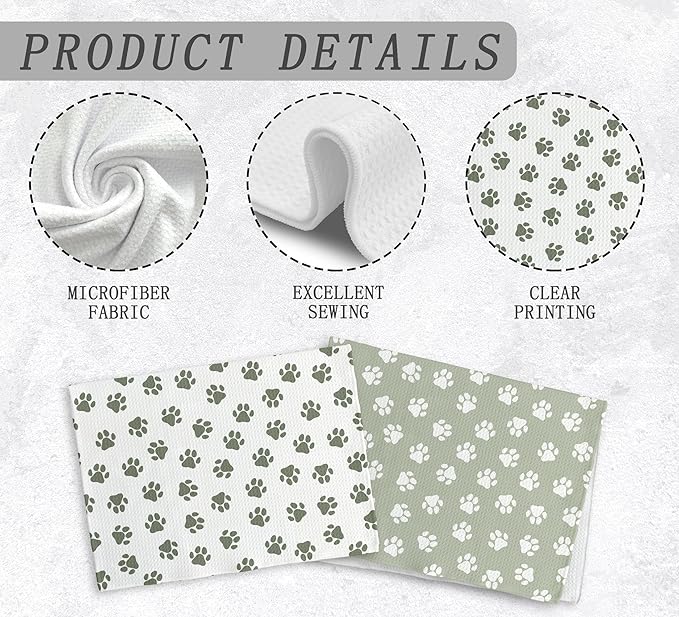 Dog Paws Dish Towel, Sage Green Kitchen Towels and Dishcloths Set of 2, Green and White Hand Towels for Bathroom, Dog Print Kitchen Towel Decorative, Cute Dogs Paw Gifts for Dogs Lovers,16×24In