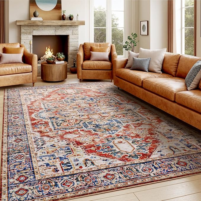 AMADA HOMEFURNISHING 9x12 Washable Area Rug, Low-Profile Large Area Rug with Non-Slip Backing & Durable Edge Binding, Vintage Large Rugs for Living Room, Bedroom & Dinning Room