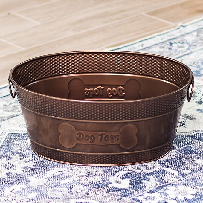 BREKX Indestructible Metal Dog Toy Bin - Copper Galvanized Storage Bin with Handles, Pet Storage Organizer - Ropes, Blankets, & Leashes, Bone Design Pet Toy Box (15-Quart)