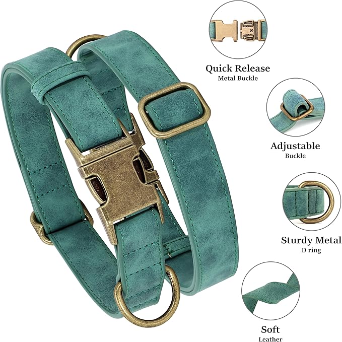 Didog Soft PU Leather Dog Collar, Stylish Quick Released Dog Collars for Medium Dogs, Easy Clean Adjustable Pet Collar for Daily Walking, Green, M Fit 13-21" Neck