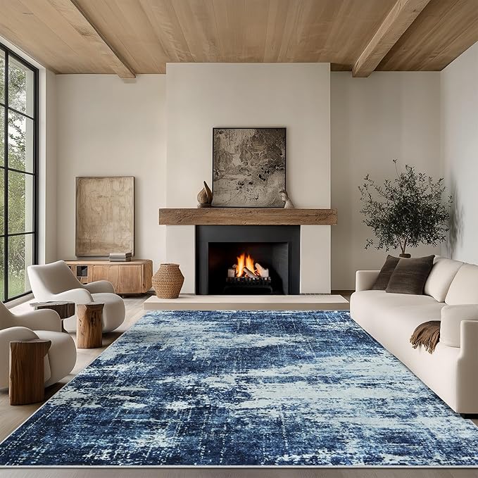 6x9 Area Rug Living Room Rugs - Washable Rug Large Modern Abstract Soft Thin Carpets Indoor Floor No Slip Vintage Carpet for Bedroom Under Dining Table Nursery Home Office Decor Deep Blue