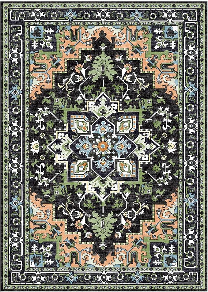 Lofus 3x5 Area Rugs for Living Room, Machine Washable Area Rug, Soft Small Rugs for Bedroom, Kitchen, Office and Indoor, Vintage Boho Carpet, Non-Slip Low Pile Carpets, Dark Green
