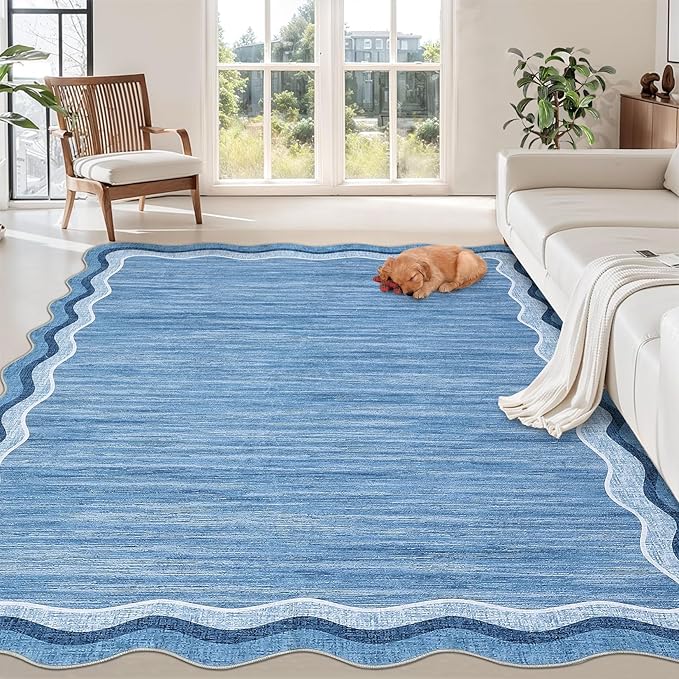 GarveeHome Scalloped Washable Rug 9x12 Area Rugs for Living Room Modern Solid Carpet for Bedroom Abstract Irregular Scalloped Non-Slip Low-Pile Accent Carpet for Farmhouse Dining Room (Blue, 9x12)