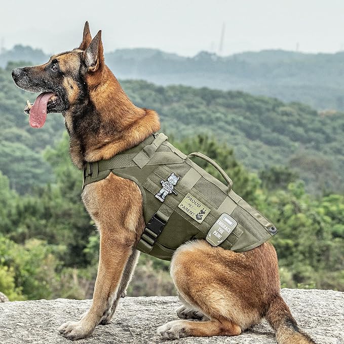 OneTigris No Pull Tactical Dog Harness for Large Dogs, Aire Mesh Harness Breathable Military Dog Molle Vests with Handles, Service Dog Vest Harness for Walking Hiking Training Green