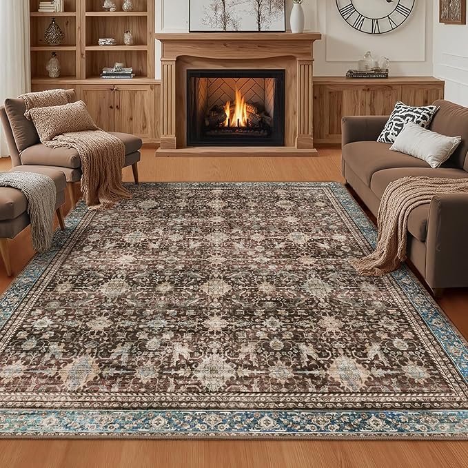 Washable Area Rugs 5x7 Vintage Red, Indoor Rug for Living Room Bedroom, Traditional Farmhouse Carpet for Dining Room