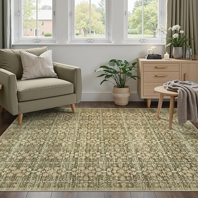 DCX 4x6 Neutral Rug, Kid & Pet Friendly with Rubber Back Non Slip, Machine Washable Stain Resistant Olive Green Floral Rug for Living Room, Bedroom, Soft Low Pile Large Nursery Carpet