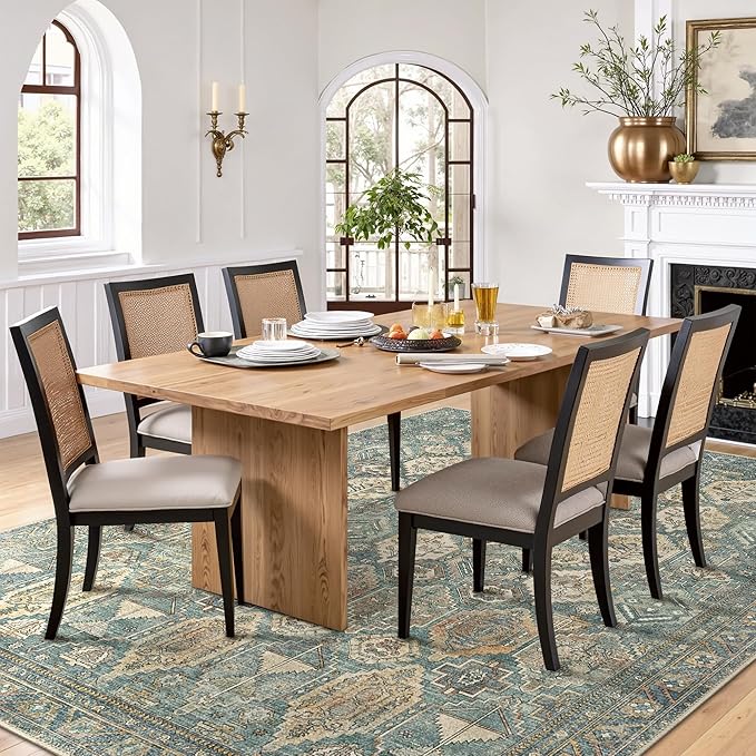 Bavni Washable Rug 5x7 Area Rug for Living Room Bedroom Dining, Washable Vintage Print Carpet, Ultra-Thin Low Pile Lightweight Rug with Non Slip Backing, Teal