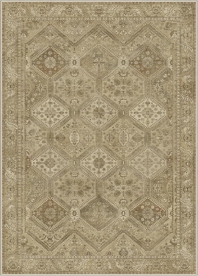 Bavni 9x12 Area Rug Washable Rug for Living Room Bedroom, Vintage Print Carpet, Low Pile Lightweight Mat with Non Slip Backing, Light Brown