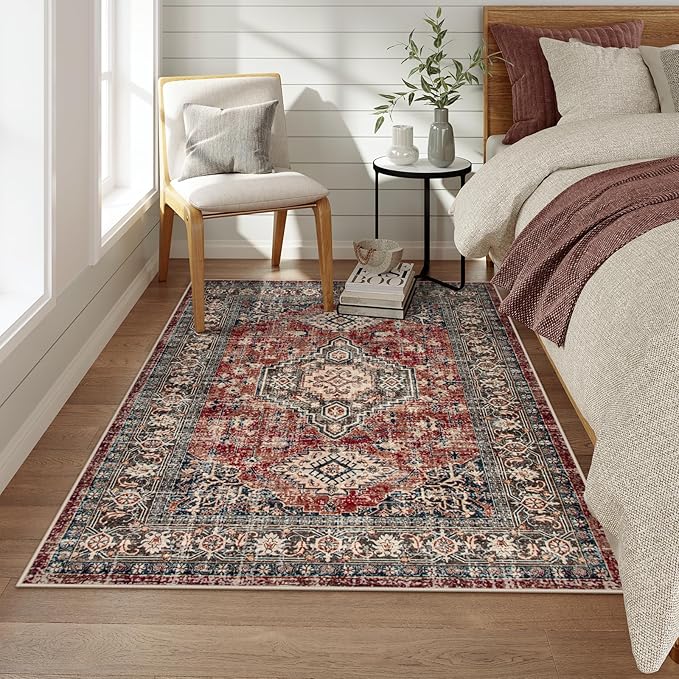 Lahome Oriental Washable Rugs for Bedroom, 4X6 Soft Living Room Rug Ultra-Thin Non-Slip Stain Resistant Vintage Low-Pile Throw Carpet for ?랳ffice Entryway, Brick Red