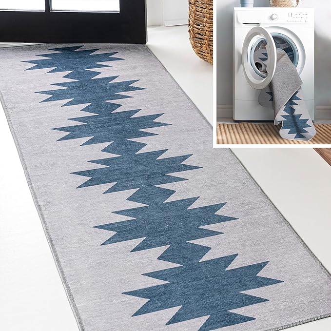 JONATHAN Y Machine Washable Gray/Blue Runner Rug 2X8 ft, Chayton Minimalist Geometric for Living Room, Bedroom, Kitchen, Office, Easy-Cleaning, High Traffic, Pet-Friendly, Non-Shedding (WSH110D-28)