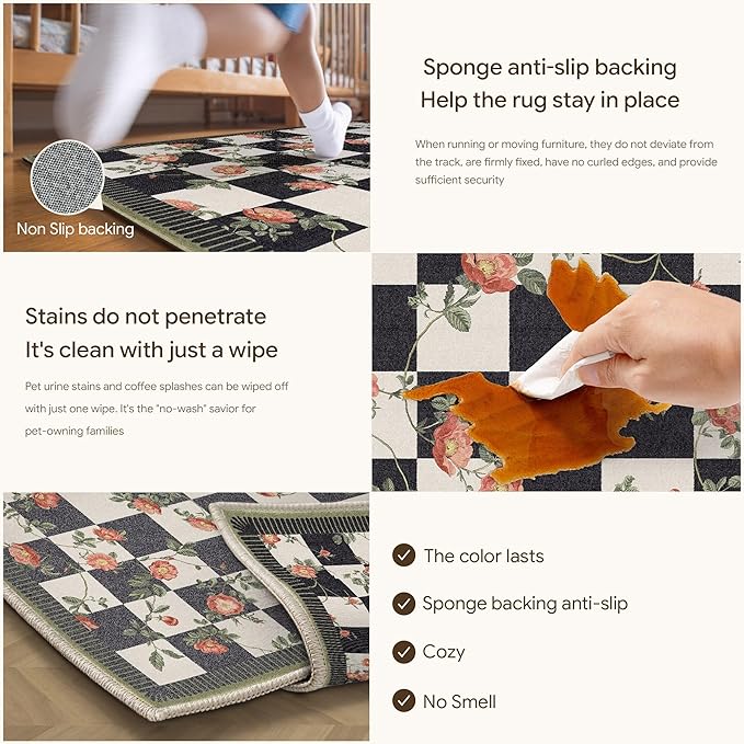 HUGEAR 2x3 Checkered Rugs for Entryway Machine Washable Black and White Small Carpet Floral Print Non-Slip Stain Resistant Low Pile Indoor Throw for Entrance Kitchen Bedroom Dining Laundry