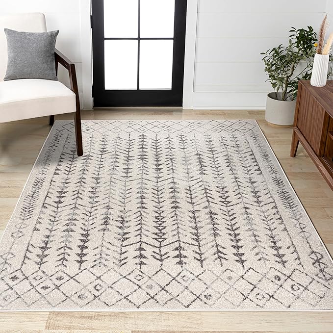 JONATHAN Y Ziri Moroccan Geometric Cream/Gray Indoor Area Rug, 5x8, Bohemian, Scandinavian, Easy-Cleaning for Living Room, Bedroom, Kitchen, Pet Friendly, Non-Shedding (MOH210A-5)