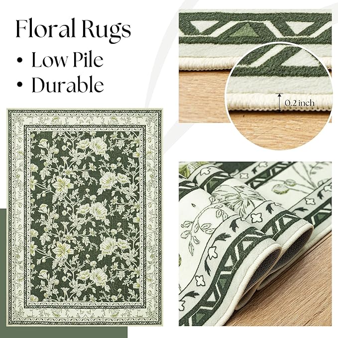 Olive Green Floral Print Area Rugs for Bedroom Living Room Boho Farmhouse Country Rustic Dining Room Carpet Soft Washable Rugs Non Slip Floor Covering for Nursery Playroom 3x5