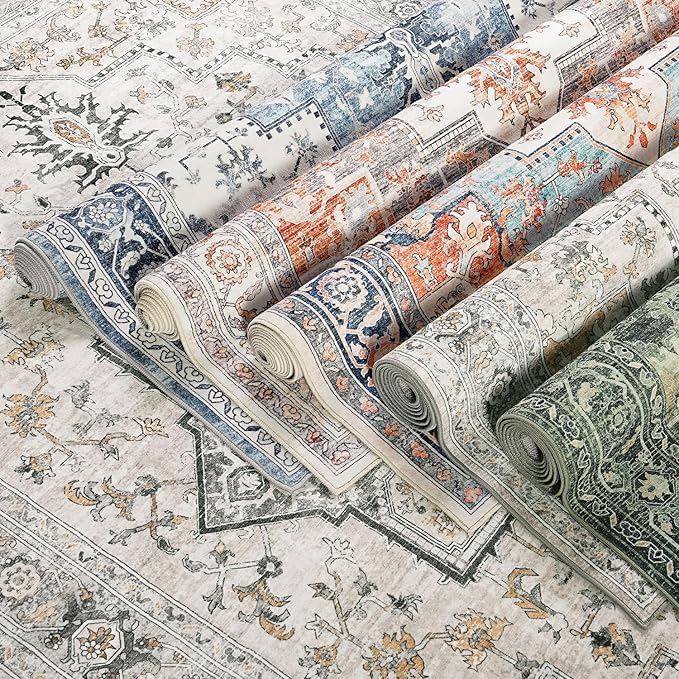 Lessymo Washable 8×10 Green Area Rugs for Living Room, Soft Vintage Boho Rug Non-Slip for Bedroom Dining Room Kitchen, Large Distressed Retro Carpet Stain Resistant for Home Indoor Nursery Office