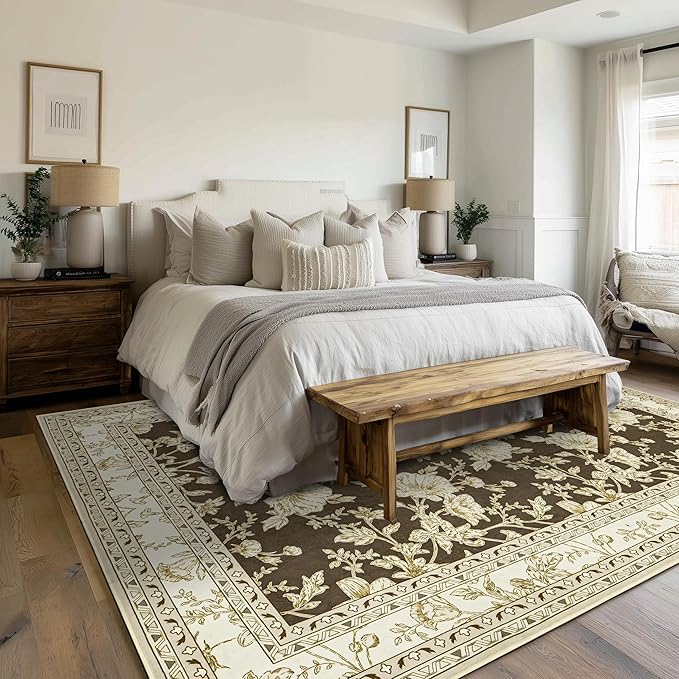 Brown Floral Print Area Rugs for Bedroom Living Room Boho Farmhouse Country Rustic Dining Room Carpet Soft Washable Rugs Non Slip Floor Covering for Nursery Playroom 9x12