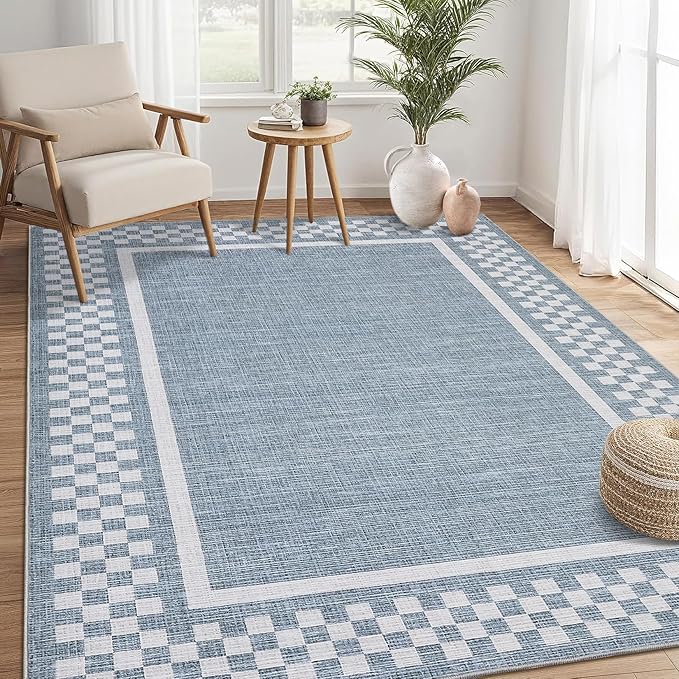 GarveeHome Washable Area Rug 4x6 Small Living Room Rugs Modern Bordered Soft Dining Room Throw Carpet Low Pile Non Slip Checkered Bedroom Rug Geometric Carpet for Nursery Kitchen Home Office, Blue