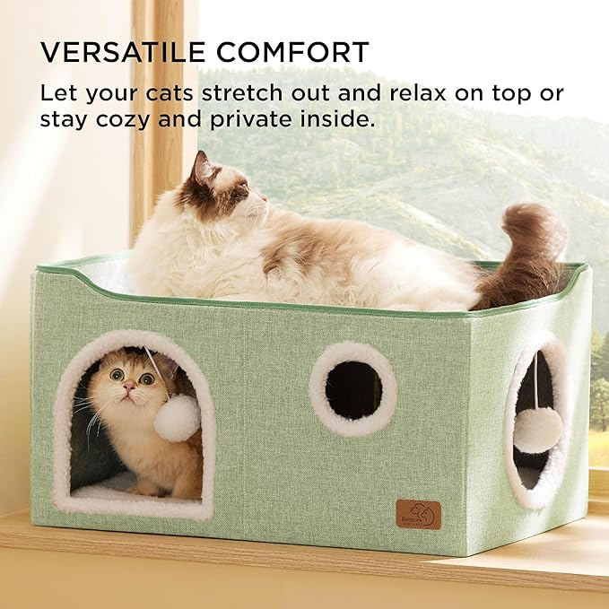 Bedsure Large Cat Beds for Indoor Cats - Extra Wide Cat Cube House for Small Pet with Fluffy Ball Hanging and Scratch Pad, Foldable Pet Cave Hideaway for Multiple Cats, 23.6x16.9x13 inches, Green