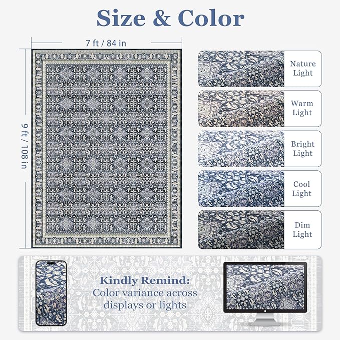 Dark Blue 7x9 Rugs for Bedroom, Washable Non Slip Low Pile Thin Area Rug for Living Room Dining Room, Carpet Rug for Playroom Guest Room Home Office, Transitional Moroccan Floral Trellis