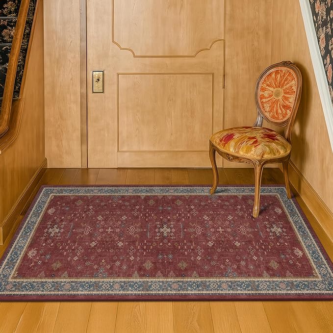 Burgundy 2x4 Washable Entry Rug for Inside House, Kitchen Floor, Thin Door Mats for Inside Entry, Washable Non Slip Low Pile Stain & Fade Resistant, Modern Eclectic Floral Decor