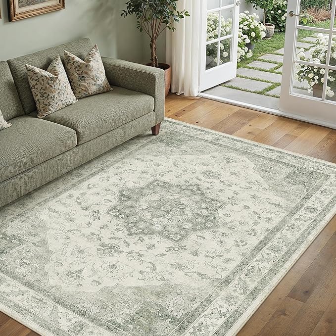 Green Area Rug 4x6 Washable Vintage Carpet Entryway Office Soft Retro Kitchen Low Pile Thin Door Mat Non Slip Oriental Medallion Throw Small Rug for Bathroom Bedroom Dining Living Room
