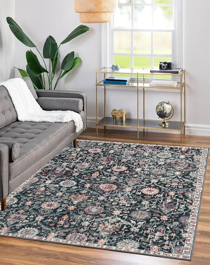 Lahome 3x5 Entryway Rug Indoor Black Boho Front Door Rug, Kitchen Rug Washable for Bedroom Bedside Mudroom Entry Way Entrance Non-Slip Low Pile,Modern Aesthetic Moroccan Trellis Decor
