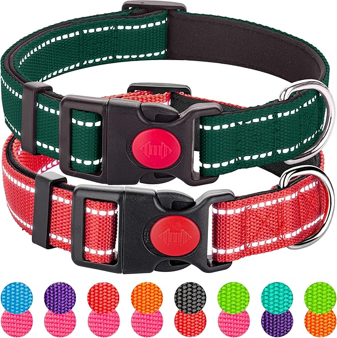 2 Pack Reflective Dog Collar for Large Dogs Girl Boys,Female Male,Nylon Dog Collars for Puppy Small Medium Dogs with Quick Release Safety Buckle, Durable Padded Soft Neoprene Collar,Red,Holly Green,L