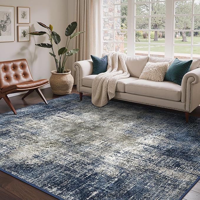 Area Rugs 9x12 for Living Room Bedroom, Modern Abstract Machine Washable Rug, Large Soft Low Pile Floor Carpet with Non Slip Backing for Dining Room, Blue&Gray