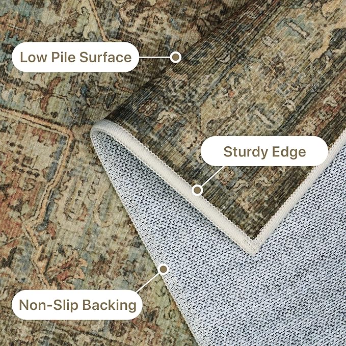 GENIMO Machine Washable 8x10 Area Rugs for Living Room, Non Slip Vintage Rugs, Low Pile Lightweight Chenille Print Rug for Bedroom, Dining Room, Home Office, Bronze Taupe