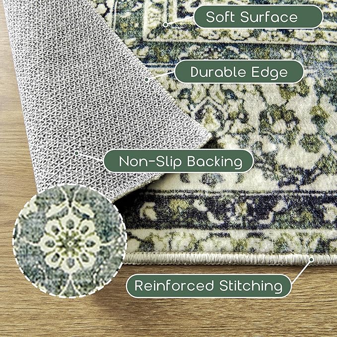 Dark Green 5x7 Area Rugs for Living Room Christmas Low Pile Soft Moody Floral Rug with Washable Non Slip Boho Vintage Oriental Indoor Carpet for Bedroom Dining Room,5 by 7,Dark Emerald Green