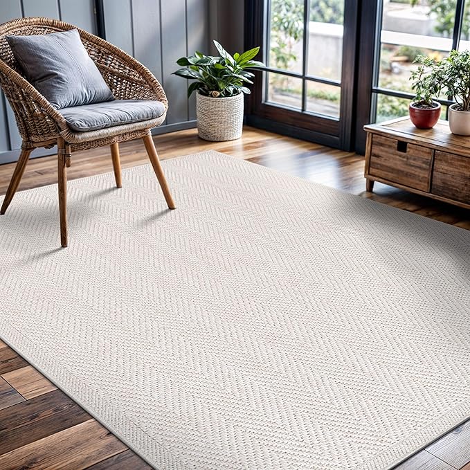 CAMILSON Easy Jute Rug 5x7, Indoor Outdoor Off-White Color Fiber Area Rugs for Living Room Patio and Kitchen Rug Herringbone Seagrass Woven Design Easy-Cleaning Washable Outside Carpet Alfombras 5 x 7