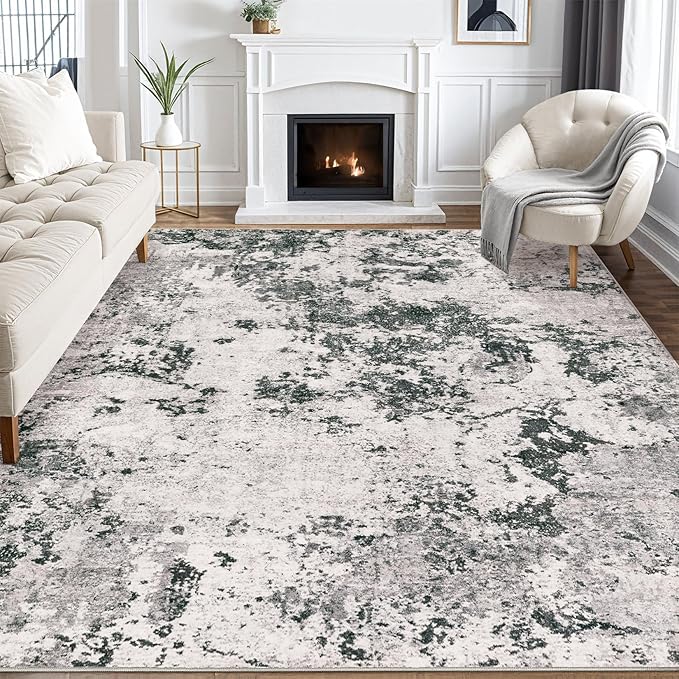 Area Rugs for Living Room: 8x10 Abstract Washable Rug Large Soft Stain Resistant Non-Slip Backing for Bedroom Dining Room Indoor Home Office Carpet for Kids Pet Friendly Families - Dark Grey