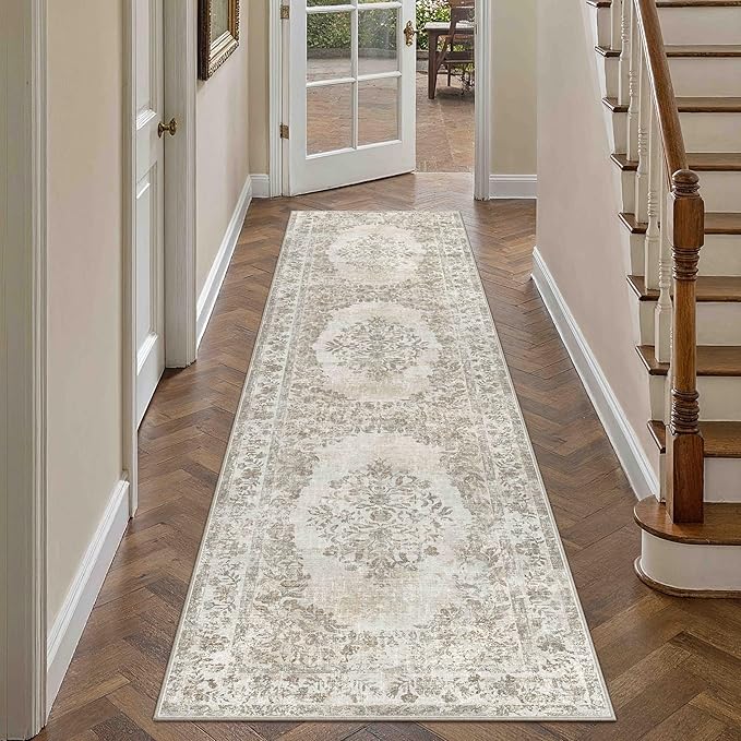 2'6"x14' Runner Rug Beige Washable Hallway Kitchen Bedroom Vintage Distressed Bathroom Non Slip Medallion Floral Carpet Indoor Retro Throw Floor Mat for Office Dining Laundry Living Room