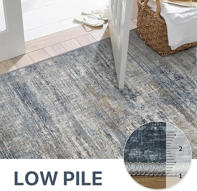 Area Rugs 3x5 for Living Room Bedroom, Modern Abstract Machine Washable Rug, Soft Low Pile Floor Carpet with Non Slip Backing for Entryway, Denim Blue/Taupe