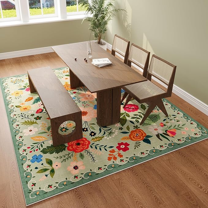 Rugcomf Area Rugs 9x12 Living Room Clearance Washable Boho Rug Non Slip Floral Vintage Low Pile Large Rug for Living Room, Bedroom, Farmhouse, Dining Room, Kids Playroom(Green)