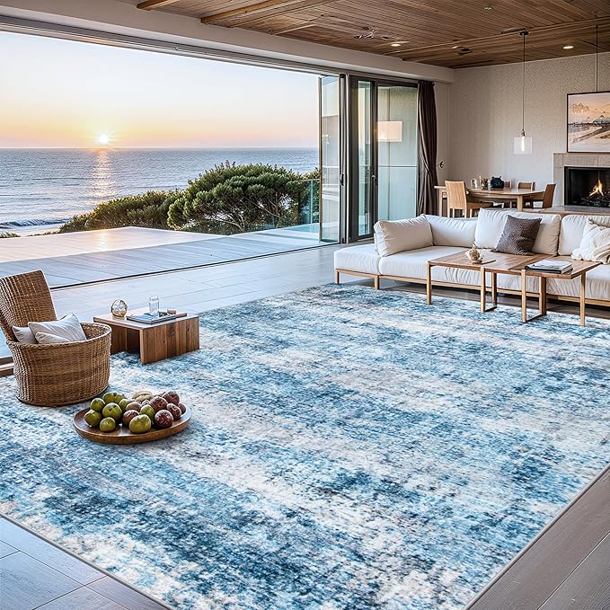 Area Rugs 10x12 Living Room - Washable Rug Modern Abstract Soft Large Neutral Non-Slip Carpet Indoor Floor Thin Carpets for Bedroom Dining Room Farmhouse Nursery Home Office Blue Grey