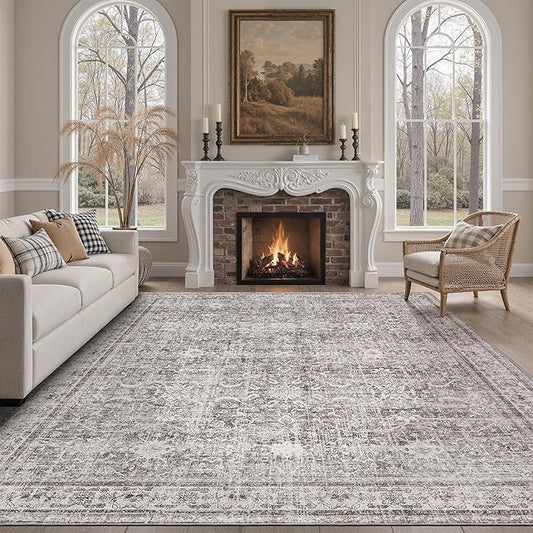 DCX Gray 8x10 Rug, Kid & Pet Friendly with Rubber Back Non Slip, Machine Washable Stain Resistant Vintage Traditional Distressed Carpet, Rug for Living Room, Bedroom, Home Decor