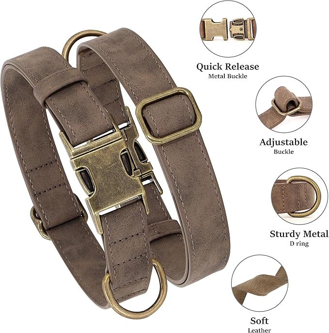 Didog Soft PU Leather Dog Collar, Stylish Quick Released Dog Collar for Large Dogs, Easy Clean Adjustable Pet Collar for Daily Walking, Brown, L Fit 15-23" Neck