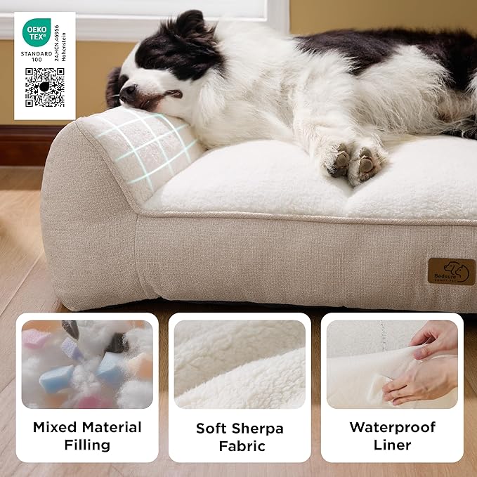 Bedsure SupportMax XL Pro Orthopedic Dog Beds Large Sized Dog - Extra Thick Supportive Dogs Couch with Waterproof Washable Cover, Extra Large Comfort Pet Sofa with Soft Sherpa & Nonskid Bottom, Beige
