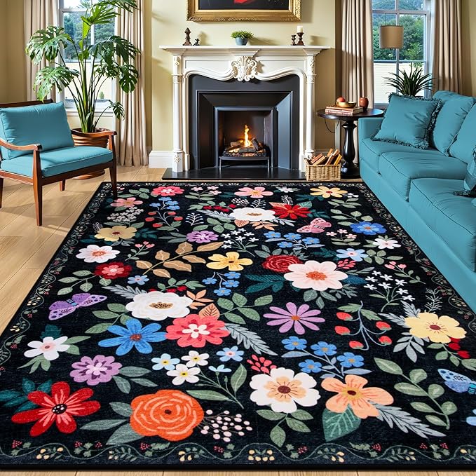 8x10 Area Rugs for Living Room: Washable Rug Vintage Large Soft Boho Floral Non-Slip Carpet Indoor Floor Stain Resistant Thin Carpets for Bedroom Dining Room Farmhouse Nursery Home Office Black