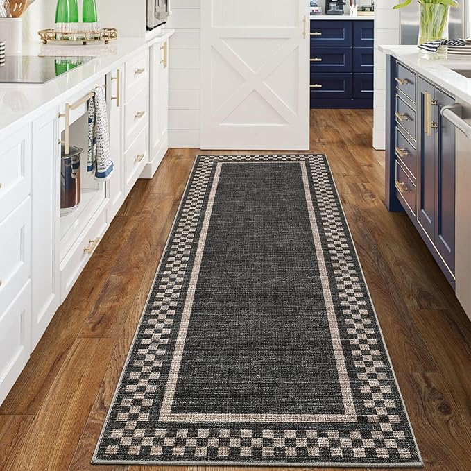 Washable Runner Rug 2x10 Modern Bordered Hallway Runner Rug Non Slip Kitchen Throw Carpet Checkered Bathroom Entryway Runner Rugs Low Pile Solid Area Rugs for Living Room Bedroom Nursery Sink, Black