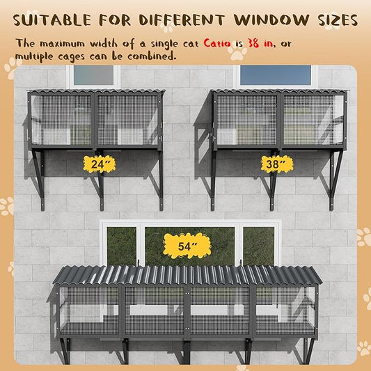 Outdoor Cat Window Perch, Catio Cat Enclosure Window Box Access with Double Doors for Cats Tunnel, Cats Patio w/All-Weather Roof for Indoor Kitty Sunbathing, Napping
