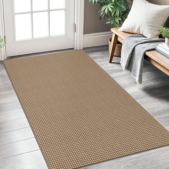 KOZYFLY Boho Rugs for Entryway 3x5 ft Washable Area Rug Non Slip Rubber Backed Entry Rug Woven Indoor Door Mat Cotton Kitchen Rugs Floor Carpet for Entryway, Foyer, Backdoor, Tan/Orange/Brown