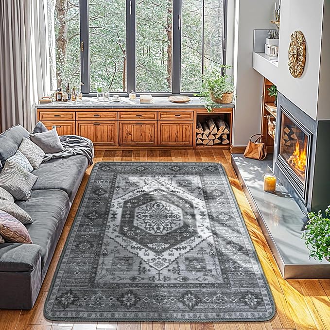 LBRO2M Boho 4X6 Rug Washable Rugs for Bedroom Non Slip Indoor Carpst, Soft Low Piles Rug Dark Gray Foldable Rugs for Living Room Pet Friendly Area Rugs Stain Resistant (4'X6' Dark Gray)