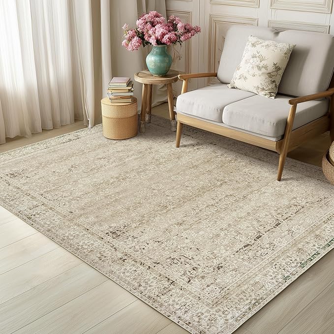 Cream and Light Tan Rug for Bedroom Neutral Boho Farmhouse Floral Washable Soft Distressed Low Pile Non Slip Area Rugs for Living Room Home Office,5x8