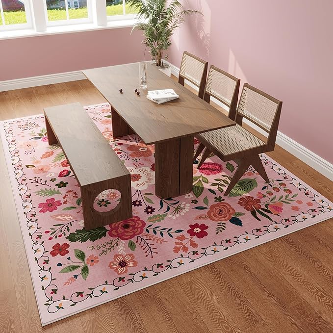 Rugcomf Area Rugs 8x10 Rug for Living Room Clearance Washable Boho Area Rug Non Slip Floral Vintage Low Pile Large Rug for Living Room, Bedroom, Farmhouse, Dining Room, Kids Playroom(Pink)