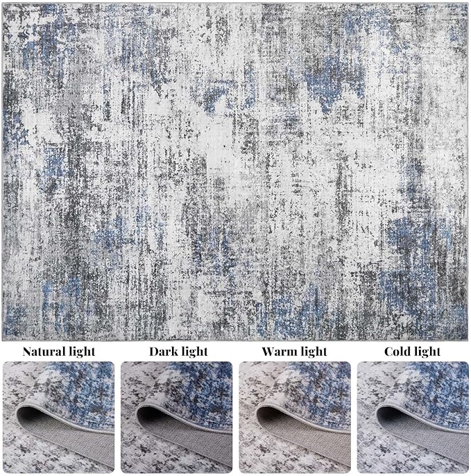 Area Rug Living Room Washable Rugs: 9x12 Modern Neutral Abstract Low Pile Non Slip Floor Carpet - Large Soft Thin Stain Resistant Rug for Bedroom Dining Indoor Office Home, Blue Grey