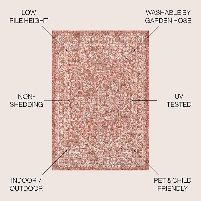 JONATHAN Y Boho Medallion Indoor Outdoor Square Area Rug 5X5 Red/Taupe, Malta Textured Weave for Backyard, Patio, Porch, Easy-Cleaning, High Traffic, Pet-Friendly, Non-Shedding (SMB104A-5SQ)