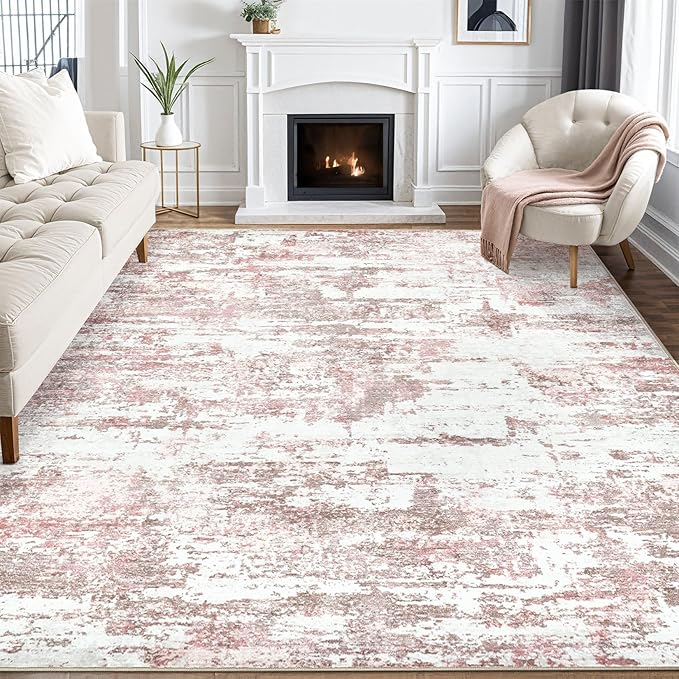 Area Rugs for Living Room: 10x12 Abstract Washable Rug Large Soft Stain Resistant Non-Slip Backing for Bedroom Dining Room Indoor Home Office Carpet for Kids Pet Friendly Families - Pink