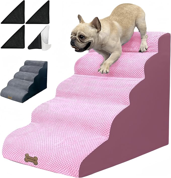 Dog Stairs & Pet Ramp for Small/Large Dogs to High Beds/Couches - 5 Steps 24-inch Height for 18-30 inch Furniture, 2 Washable Covers (Pink, Grey), Non-Slip Balanced 33D Design for Old Dogs & Cats
